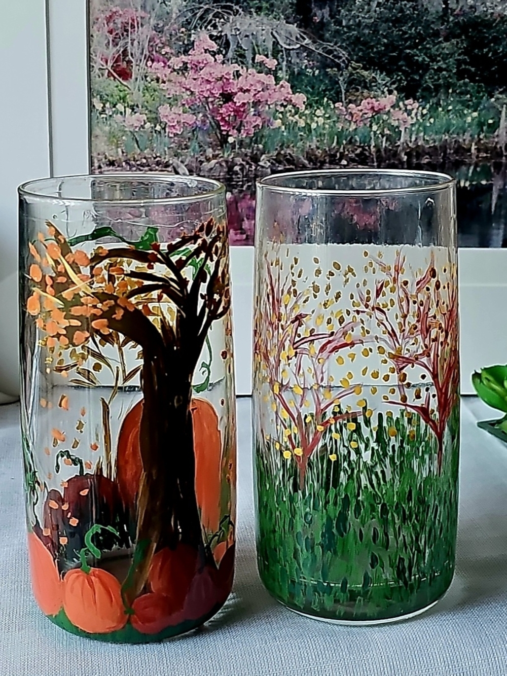 Unique Hand-Painted Fall Harvest Meadow Glass Tumblers - Set of 2